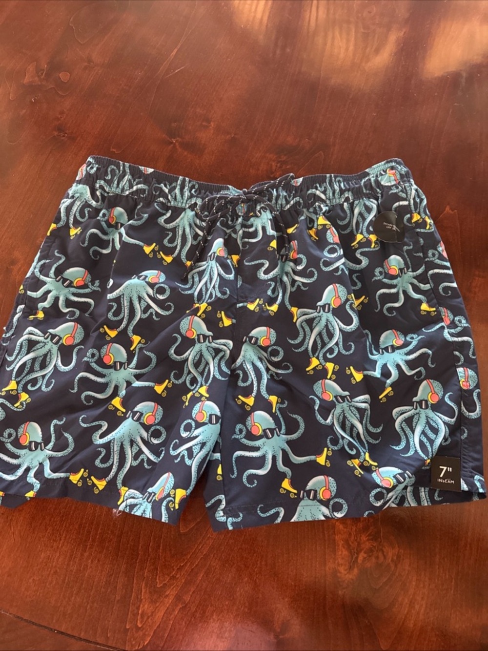 No Boundaries Men’s Navy Swim Trunks with Light Blue Octopus Print,xl, nwt